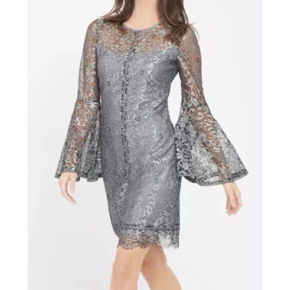 White House Black Market Dresses & Skirts - WHBM Silver Metallic Lace Bell Sleeve Mini BodyCon Party Coctail Dress Sz 12 NEW